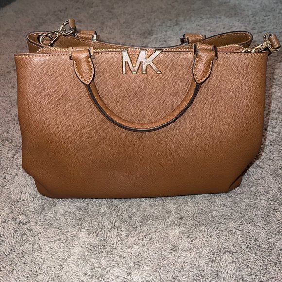Michael Kors Florence Leather Handbag Satchel Saffiano Acorn Brown Tan EUC - Picture 2 of 11